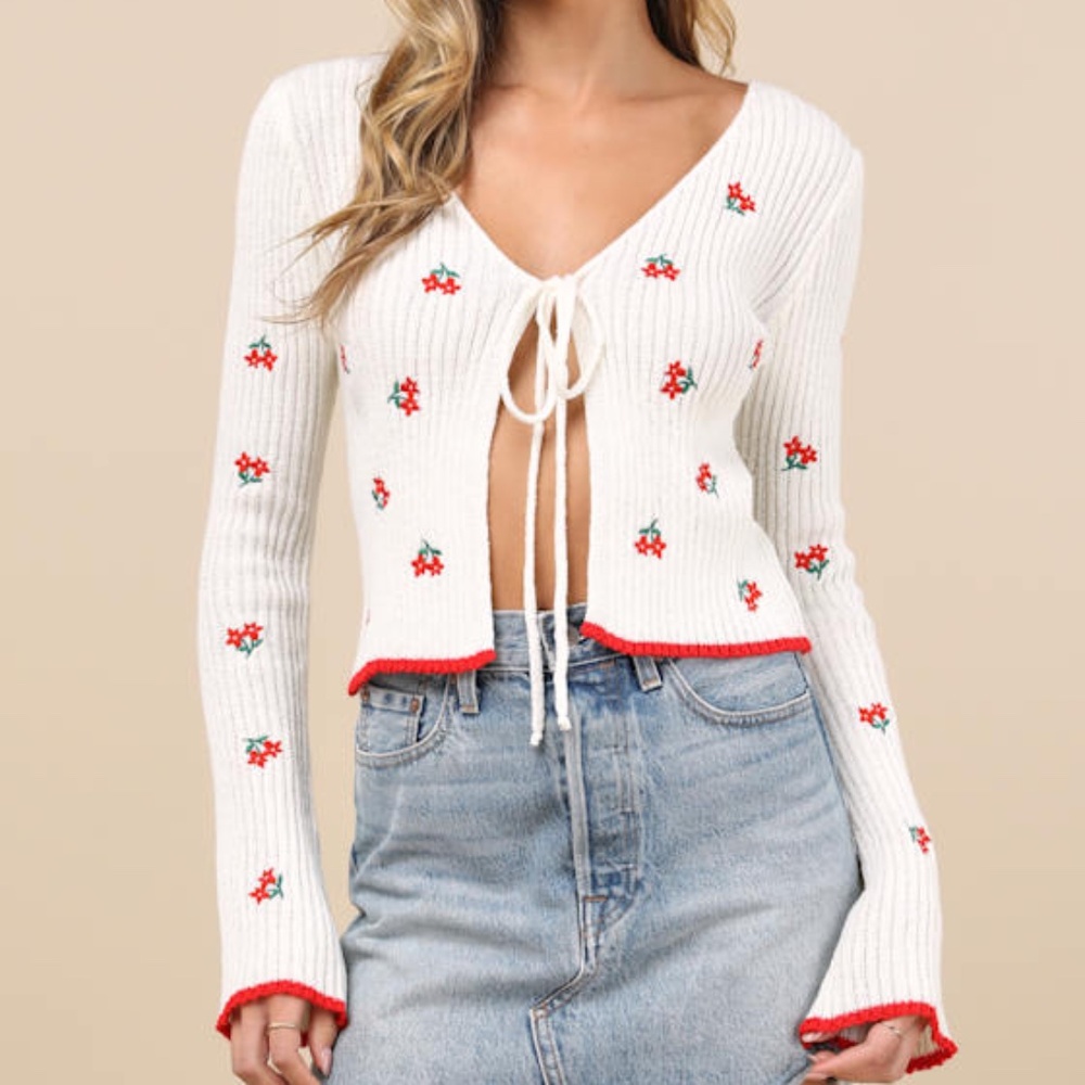 Lulus Tanvi Ivory Floral Embroidered Ribbed Tie-front Cardigan White - Size M